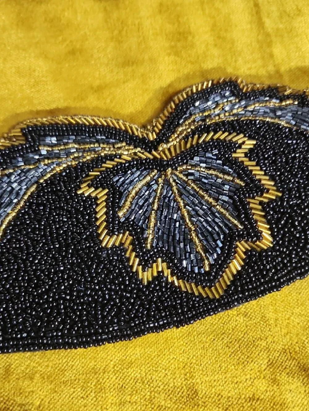 Vintage Black Beaded Belt with Gold & Blue Leaf Motif